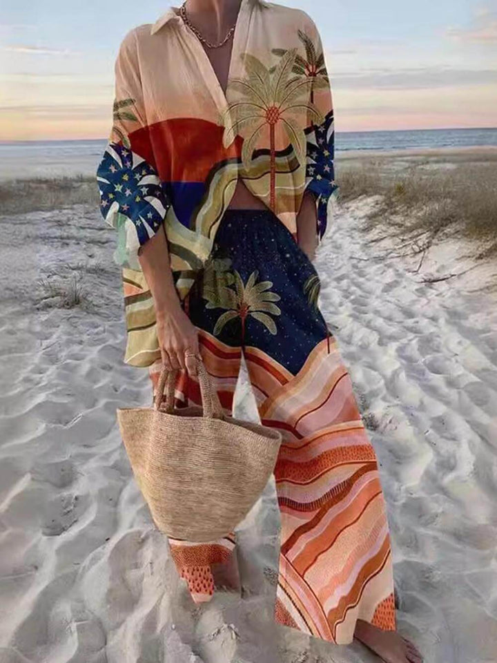 Set pantaloni relaxați Sunset Palms cu imprimeu unic
