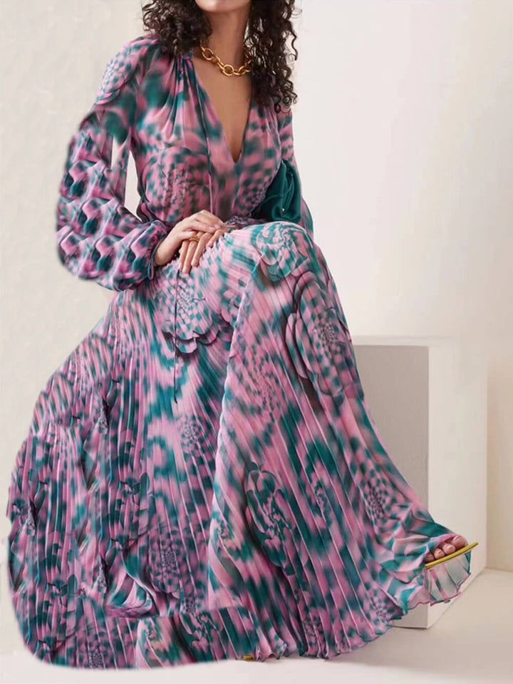 Millie Printed Plisse húzózsinóros Chiffon Maxi ruha