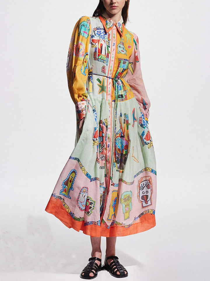 Μίντι φόρεμα πουκάμισο με μανίκια με μπαλόνι με μοναδική εκτύπωση Colorblock