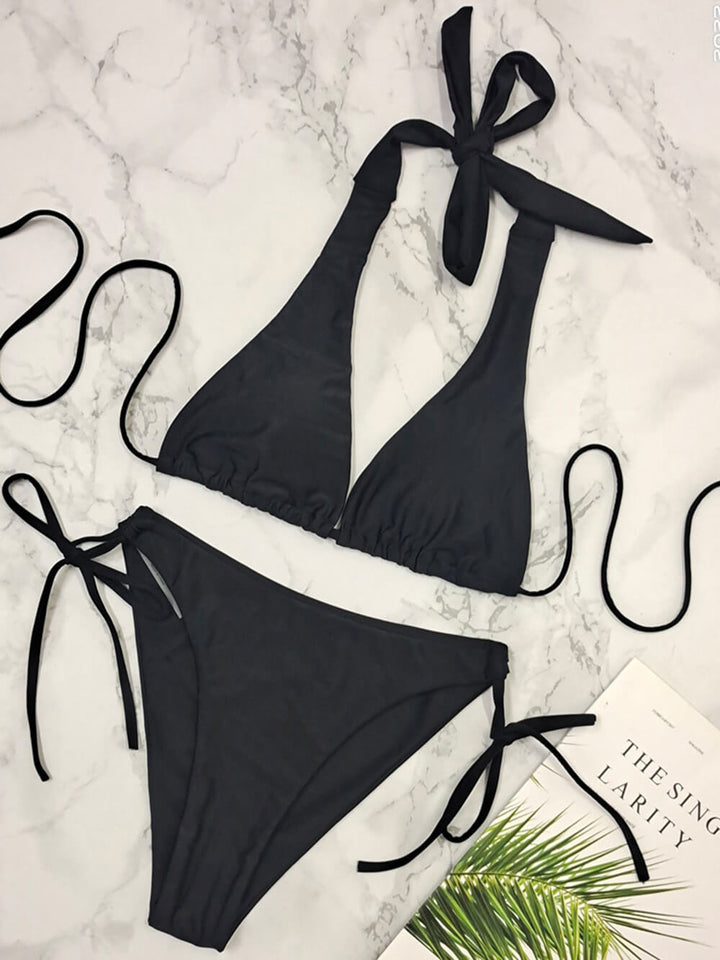 Halter Neck Strappy Backless Praia Biquíni de cor sólida