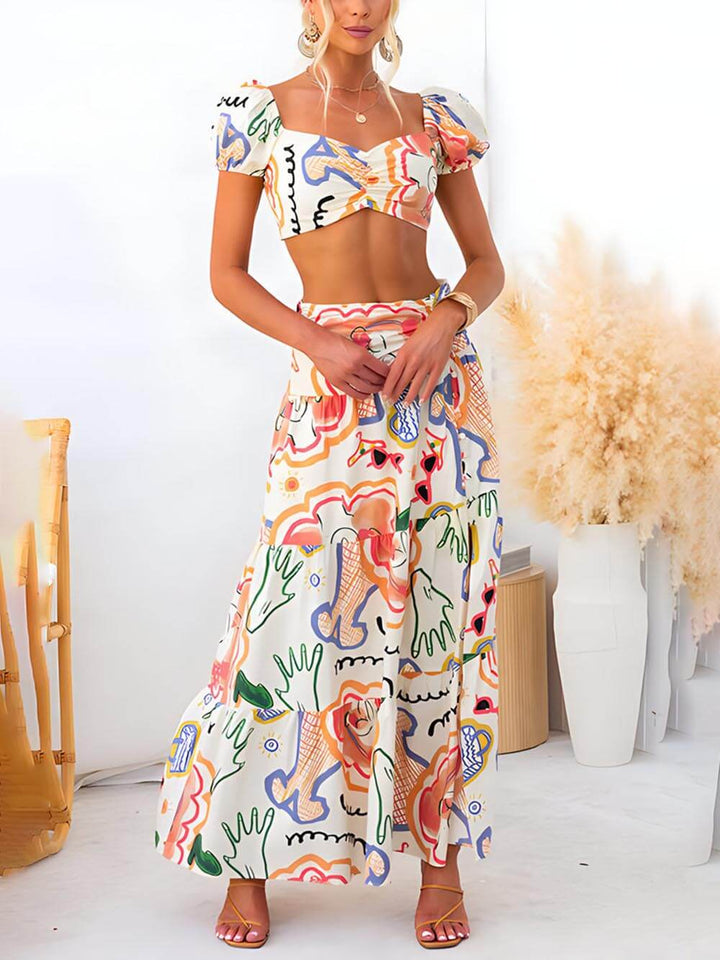 Summer Printed Top And Wrap Skirts Set