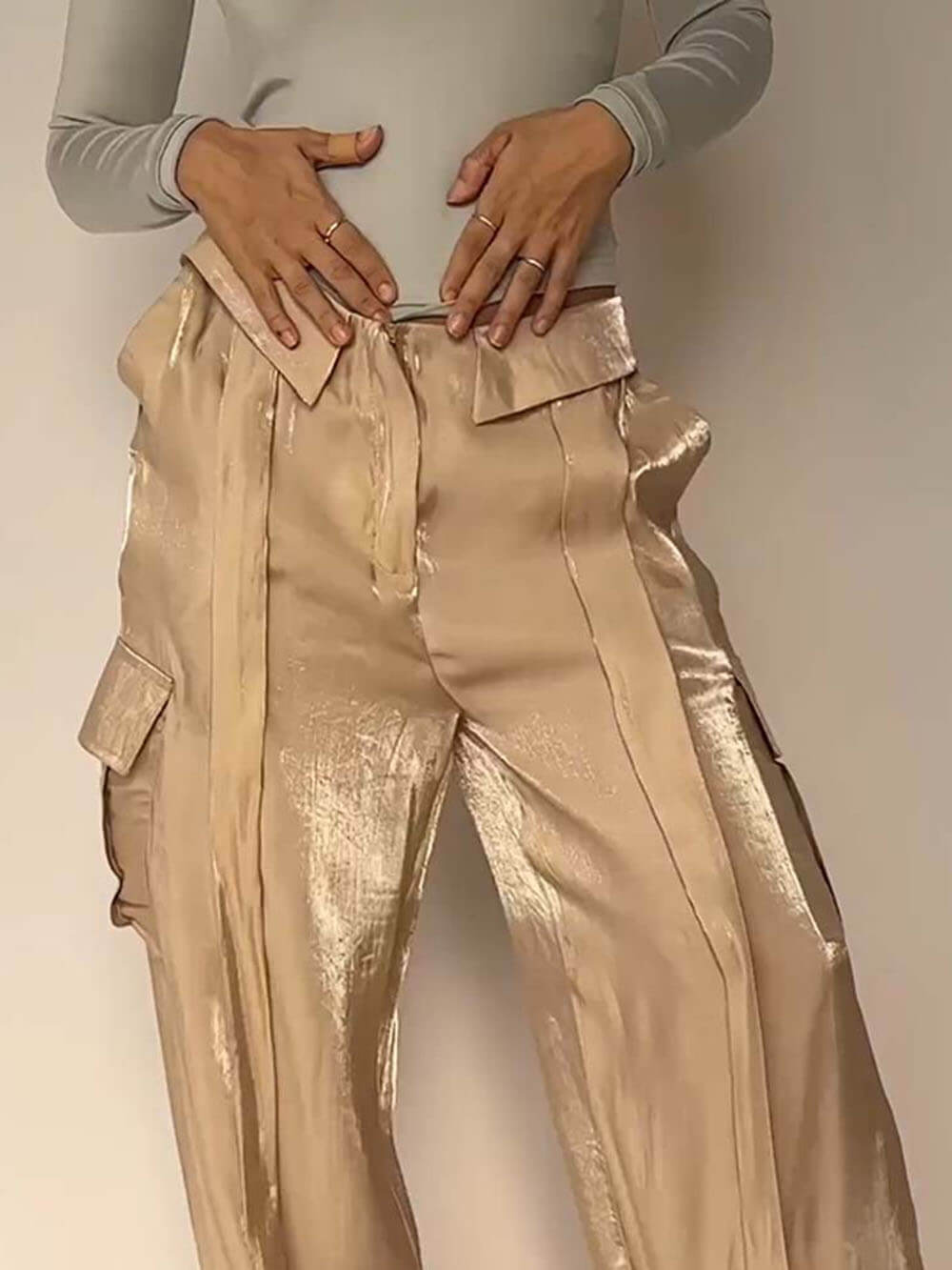 Golden Years Glitter Stoff Snøring Midje Pocket Wide Leg Bukser