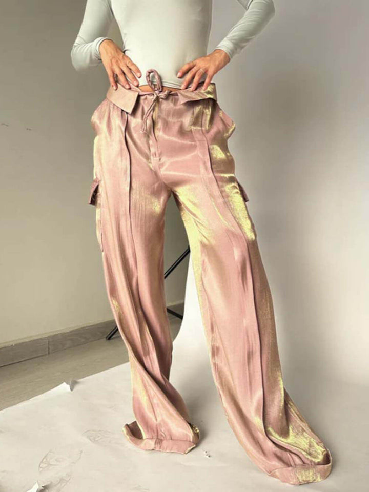 Golden Years Glitter Stoff Snøring Midje Pocket Wide Leg Bukser