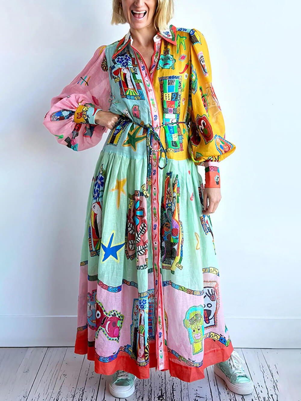Unik Print Colorblock Ballongermet Belteskjorte Midi-kjole