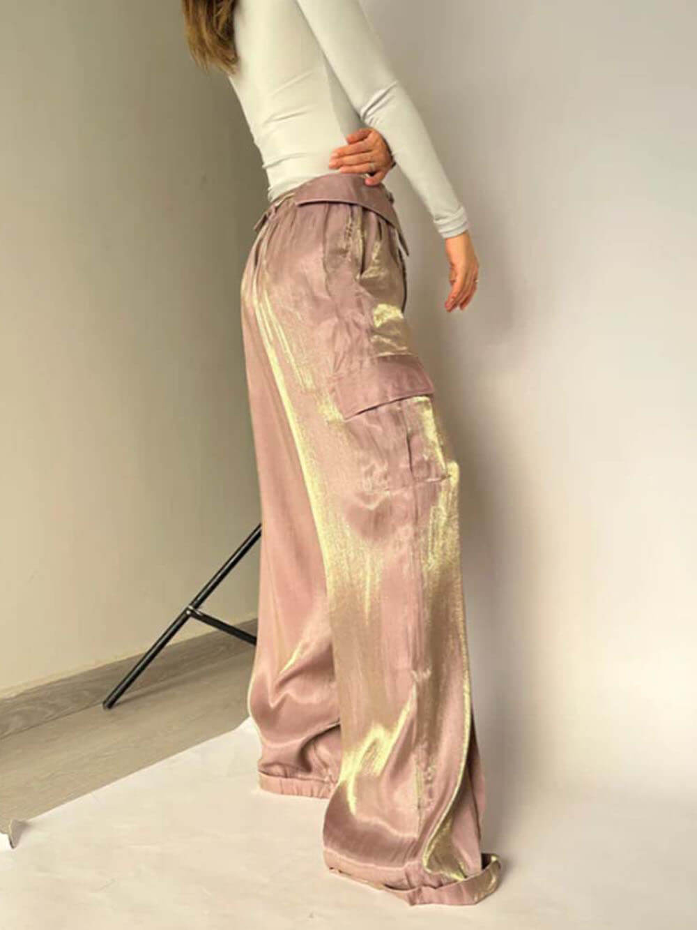 Golden Years Glitter Stoff Snøring Midje Pocket Wide Leg Bukser