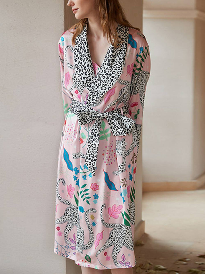 Dressing Pink Snow Leopard Silk Robe Sett