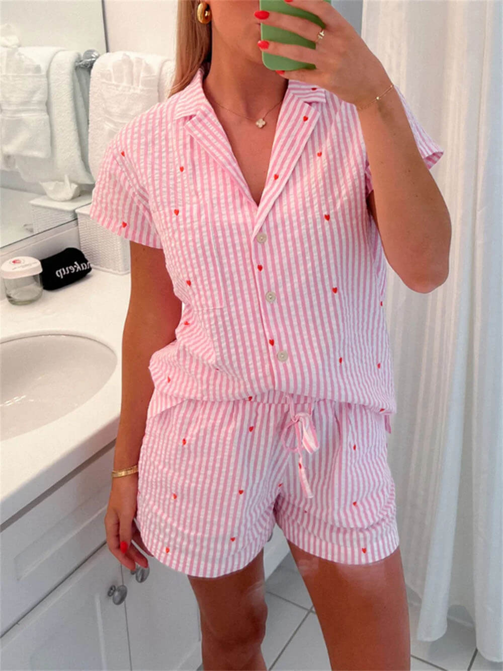 Homewear Cute Love Striped Print Shirt Drawstring Spëtze Shorts Sets