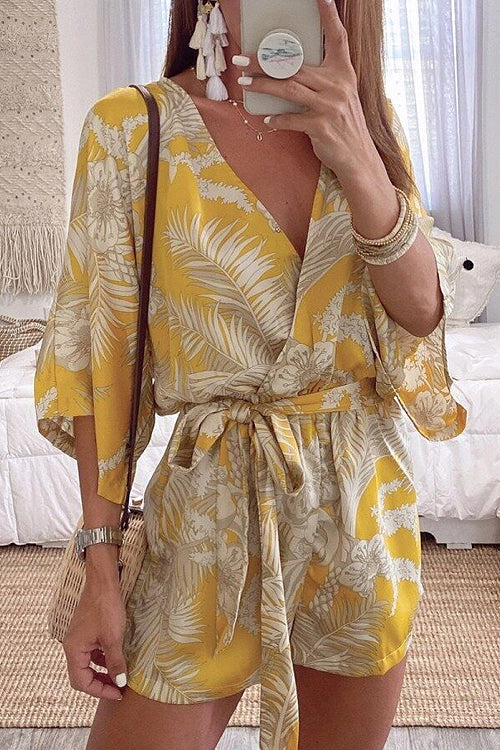 Kimono V Hals Leaf Drécken gewéckelt Batwing Romper Am Giel