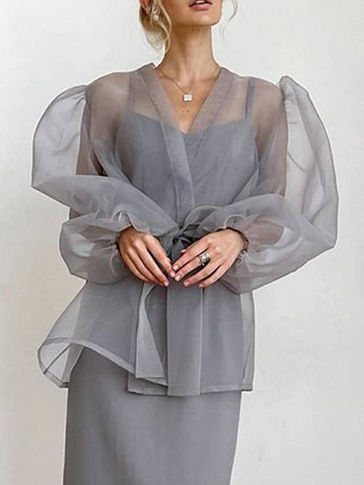 Transparentes, sexy Oberteil mit V-Ausschnitt, langen Puffärmeln und Fliege, schicke Bluse