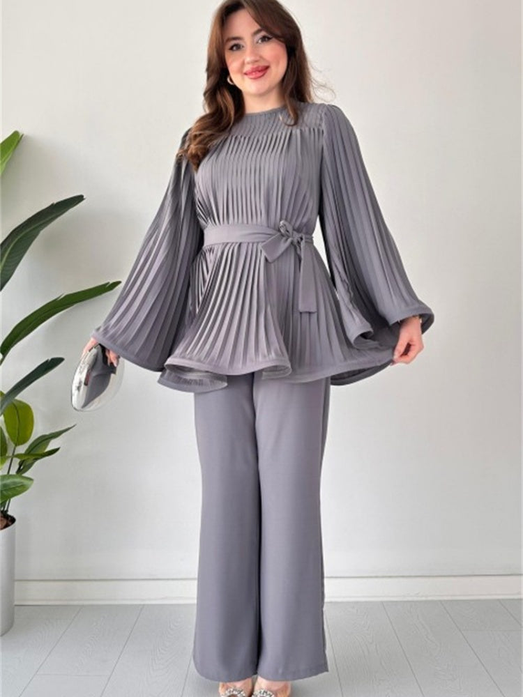 Pleated Flare Tops Pants Set