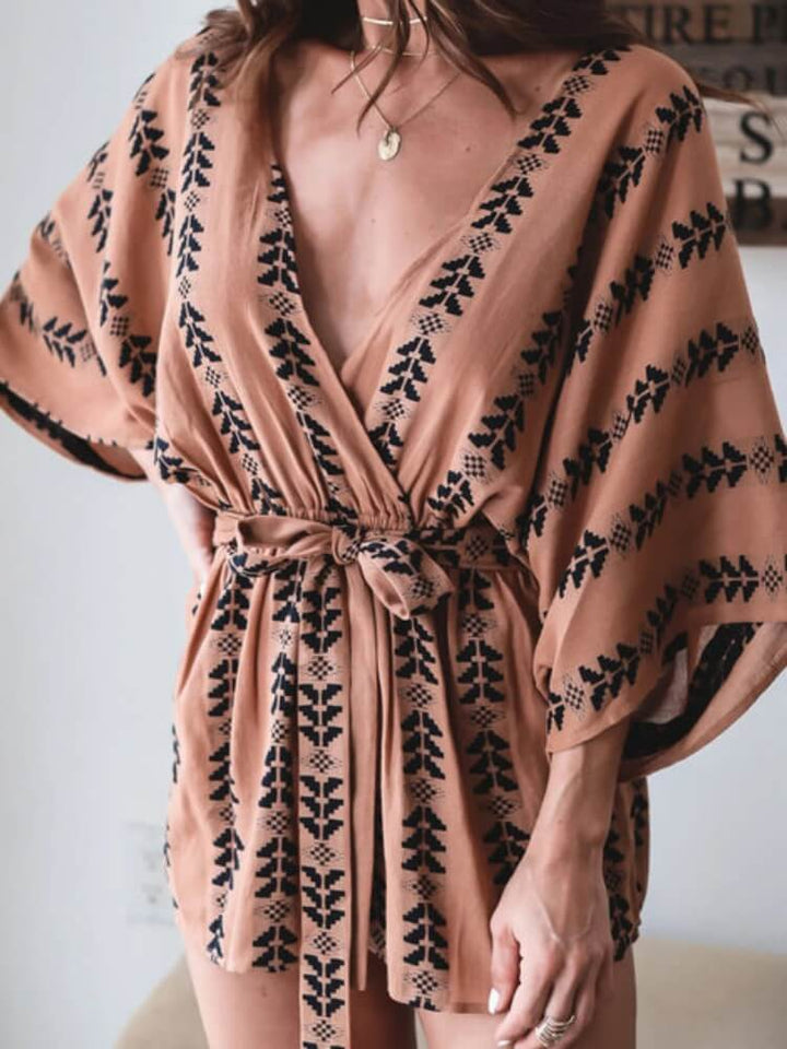 Tied Taille gedréckt Romper Mocha Tribal Wrap Playsuit