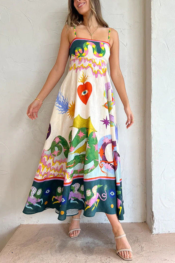 Linen Blend Μοναδική στάμπα μάξι φόρεμα με τσέπες πίσω