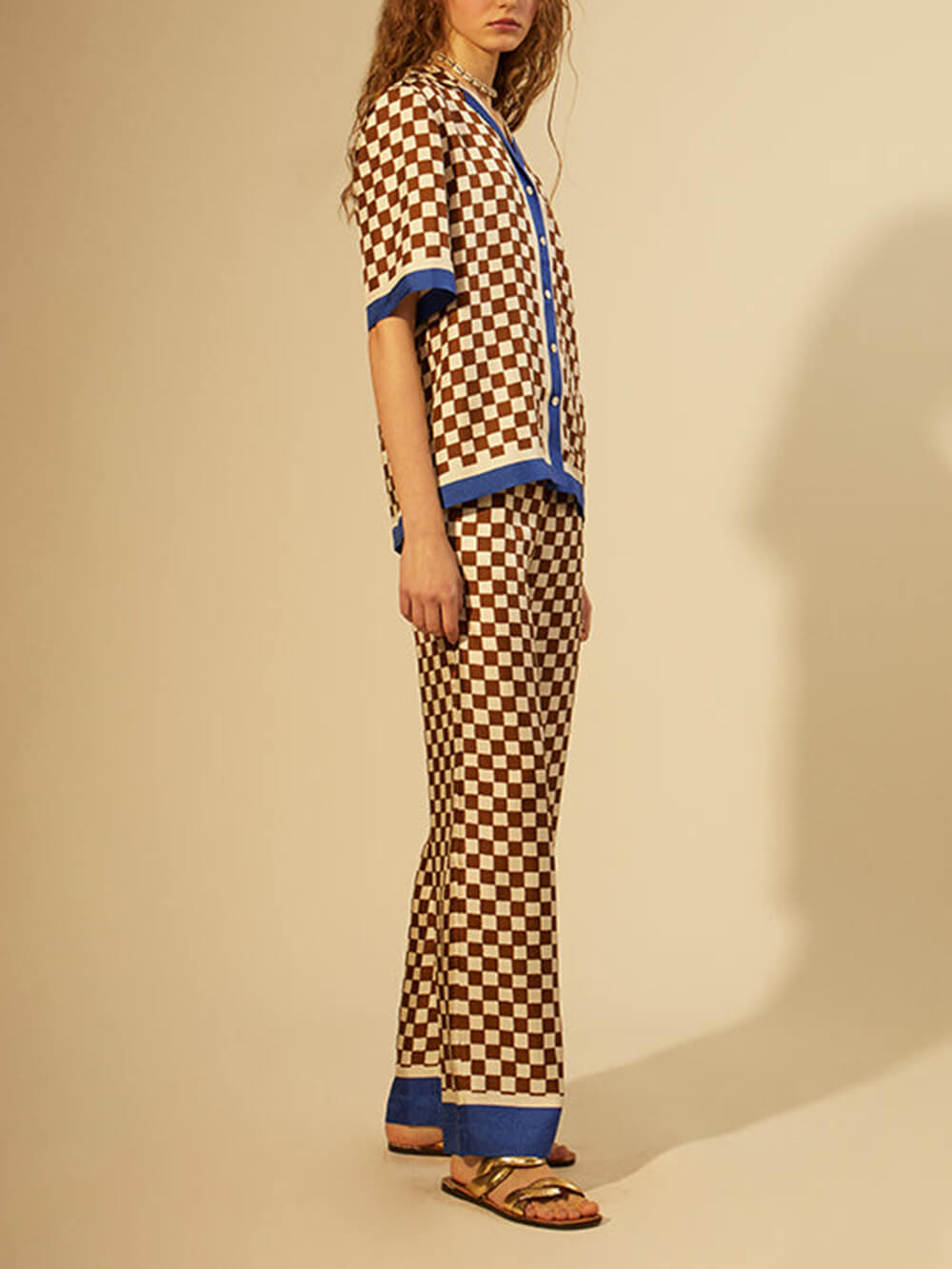 Unique Checkerboard Print Blue Stripe Patchwork Loose Pant Set