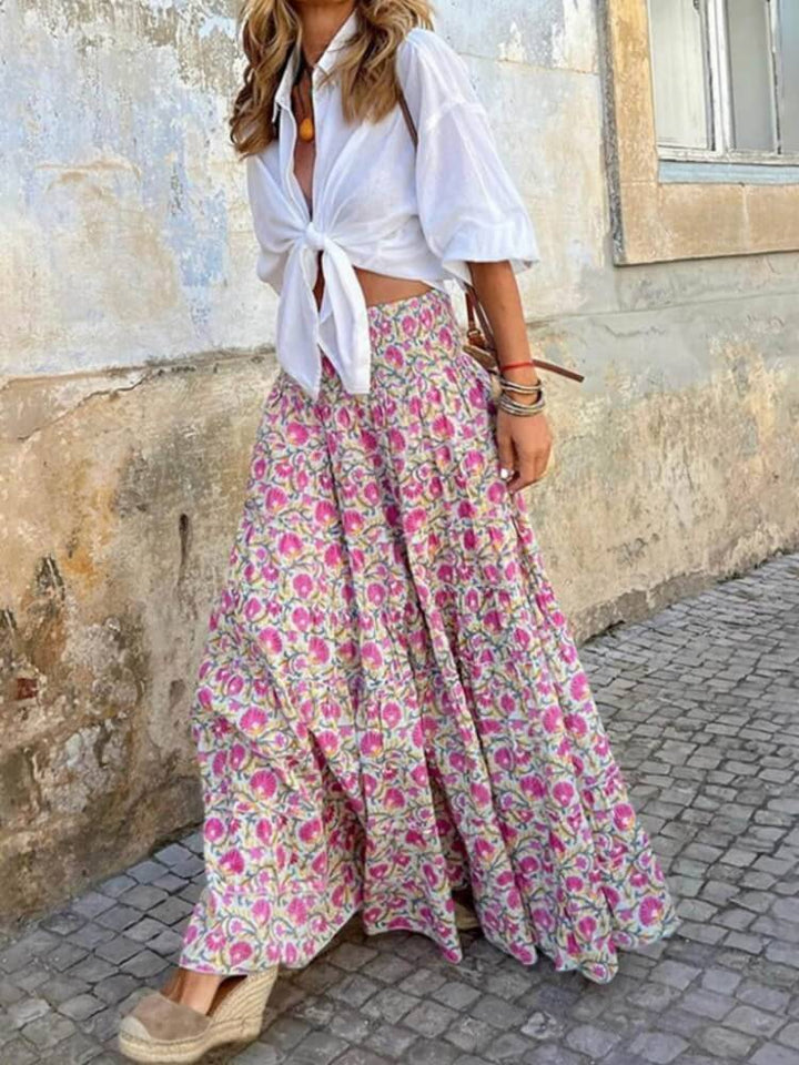 Gül Çiçek Desenli Boho Maxi Etek