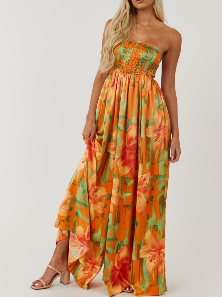 Sunset Floral Smocked Tube Jumpsuit