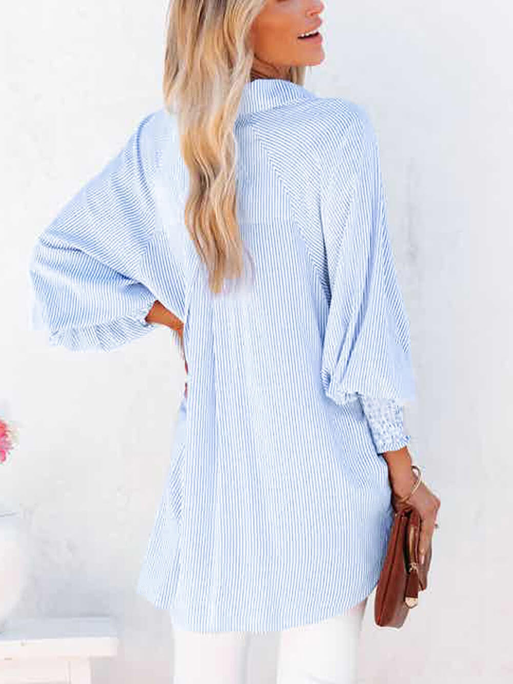 Sky Blue Smocked Cuffed Striped Boyfriend Shirt with Pocket