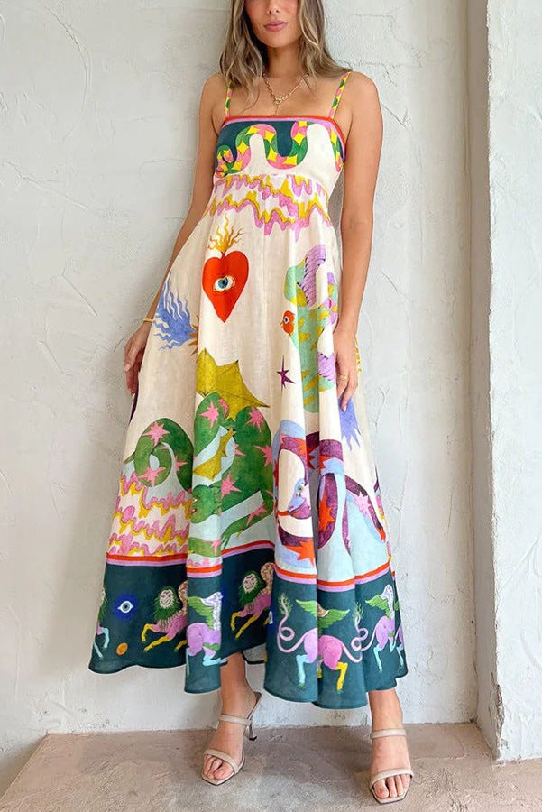 Linen Blend Unique Print Smocked Back Pocketed Maxi Dress