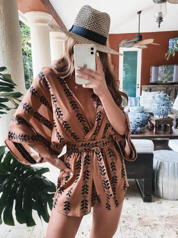 Tied Waist Printed Romper Mocha Tribal Wrap Playsuit