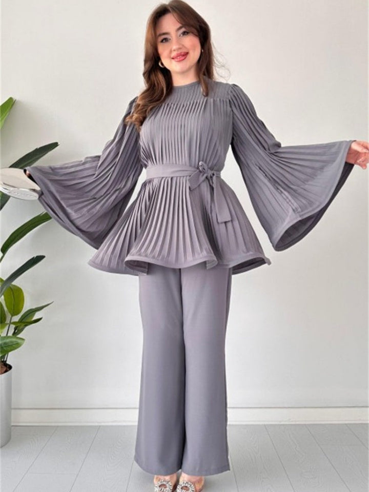 Pleated Flare Tops Pants Set