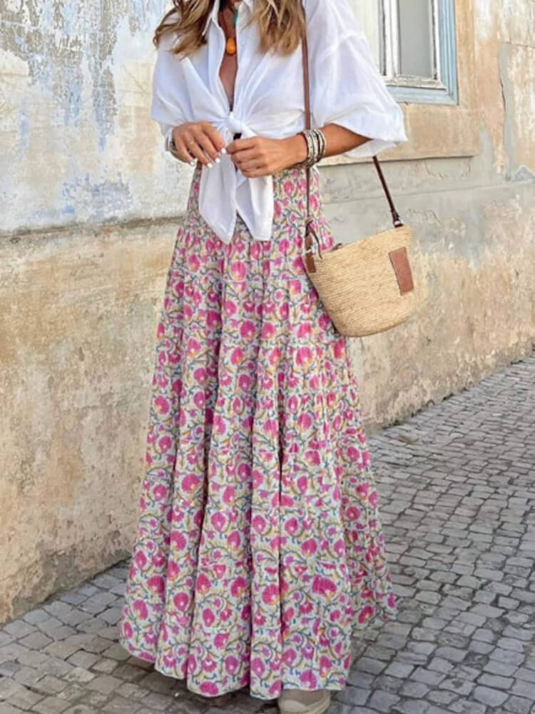 Boho Maxi sukně s květinovým potiskem růže