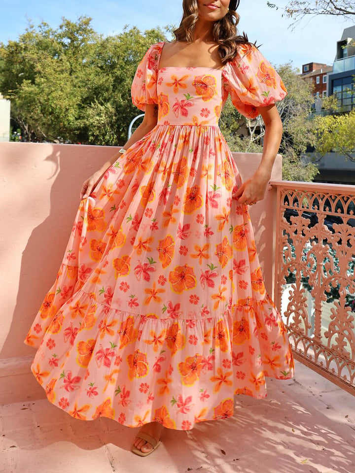 Floral Print Puff Sleeve Back Smocked Pocket Maxi Dress