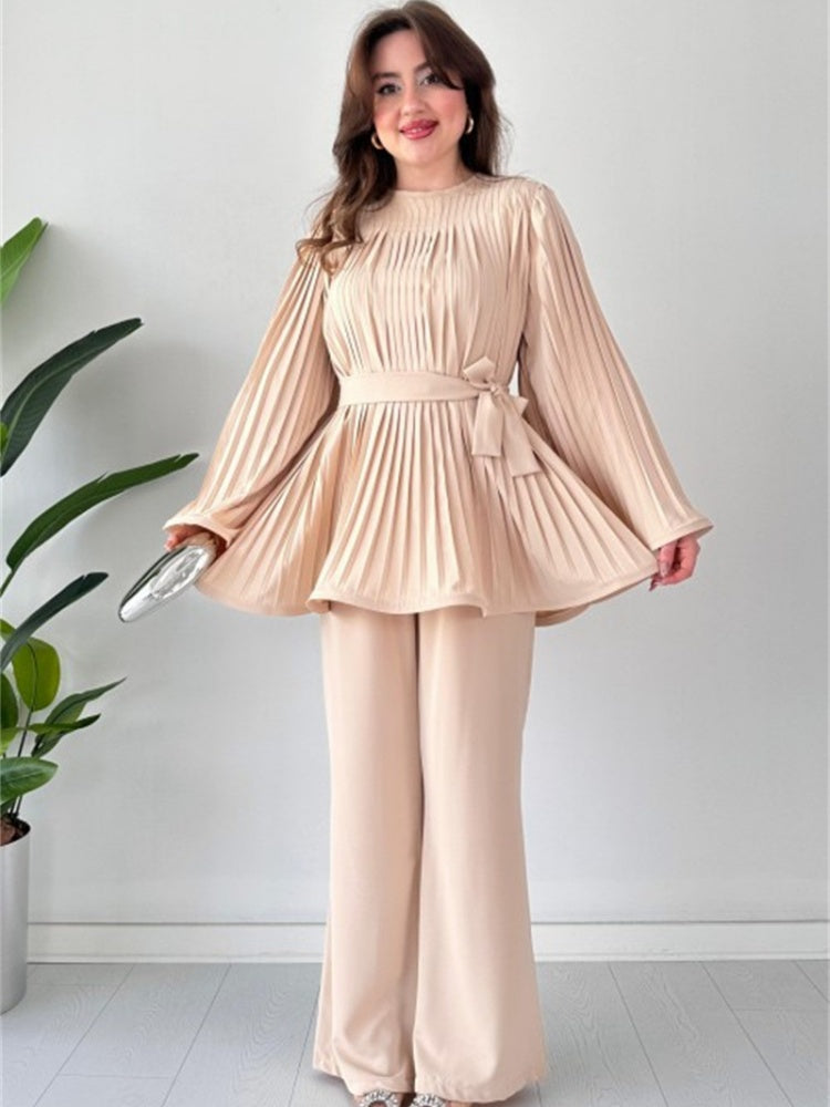 Pleated Flare Tops Hosen Set