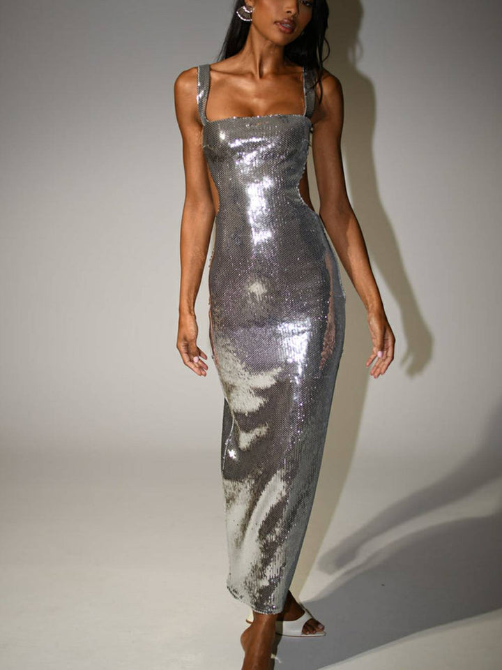 Sequin Cut Out Maxi Dress - Silver