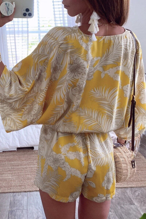 Kimono V-hals, bladprint, gewikkelde vleermuismouwromper in geel