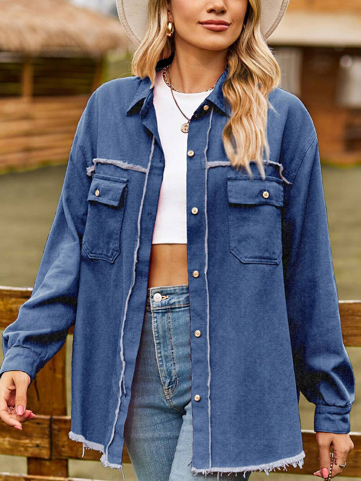 Ny Denim Raw Edge Washed Tassel Top Casual Shirt - Mørkeblå