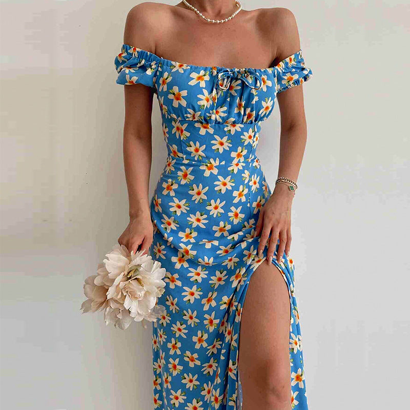 Elegant Floral Print Hem Split Dresses