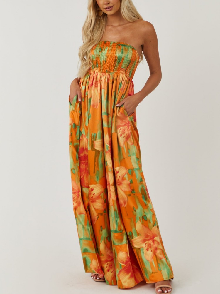 Zonsondergang bloemen gesmokte tube jumpsuit