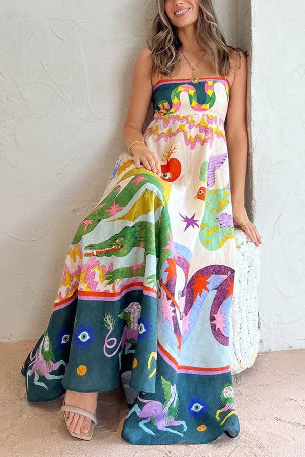 Sukienka maxi z mieszanką lnu i wyjątkowym nadrukiem, z marszczonymi kieszeniami z tyłu