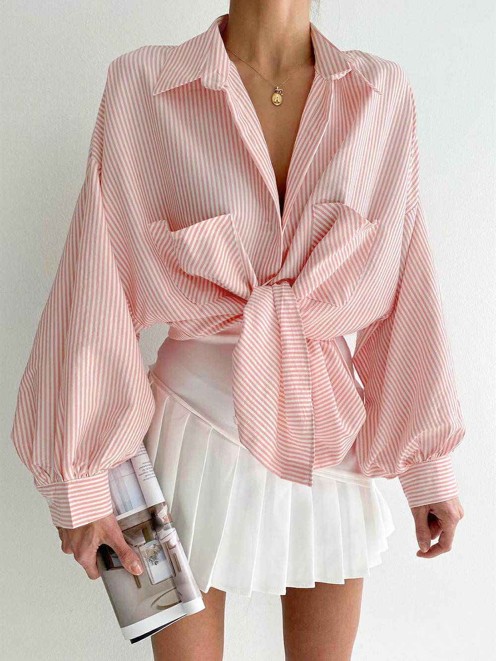 Laang Puffy Sleeve Turndown Collar Pocket Striped Blouse