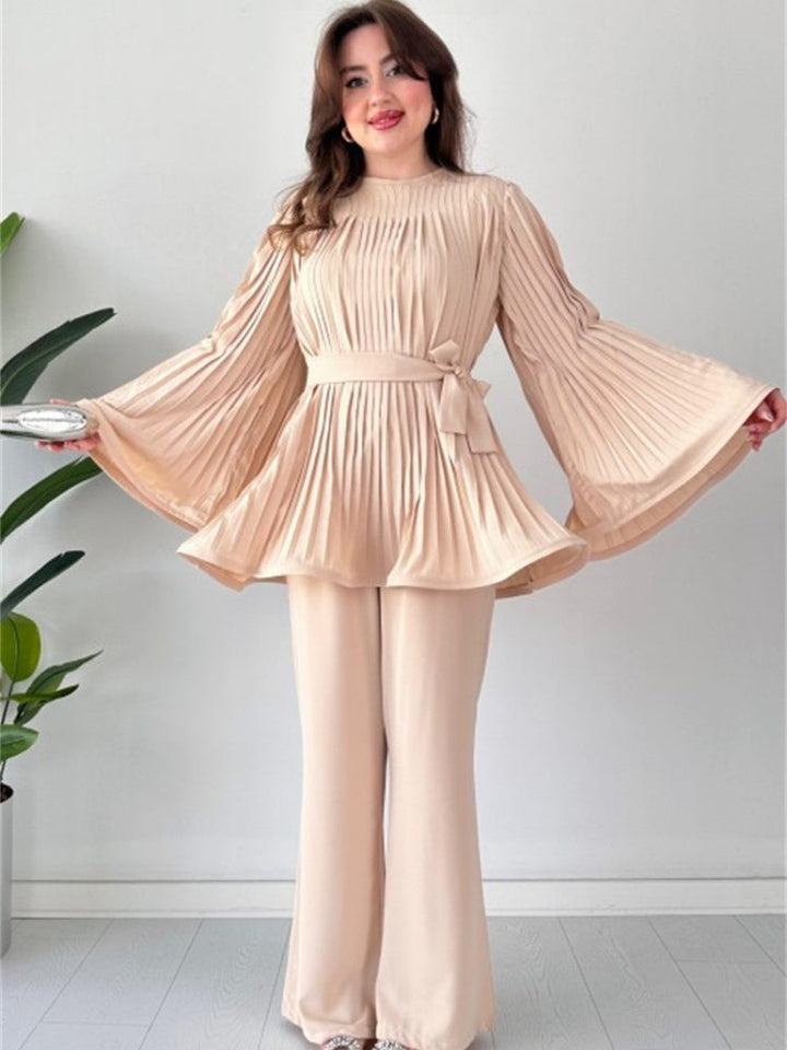 Pleated Flare Tops Hosen Set