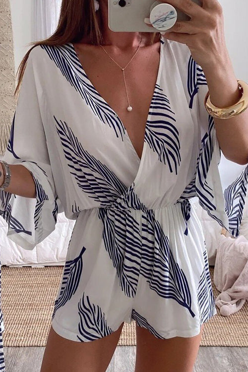 Kimono V Neck Leaf Print Wrapped Batwing Romper I Vit