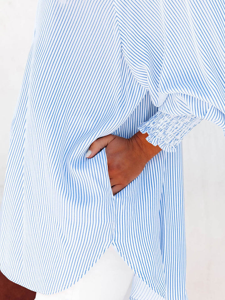 Sky Blue Smocked Cuffed Striped Boyfriend Shirt with Pocket