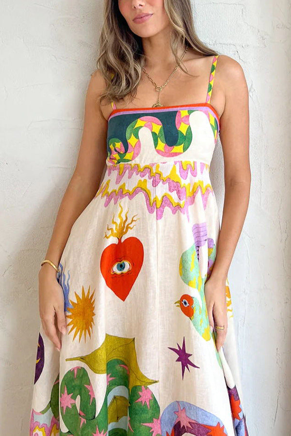 Linen Blend Unique Print Smocked Back Pocketed Maxi Dress
