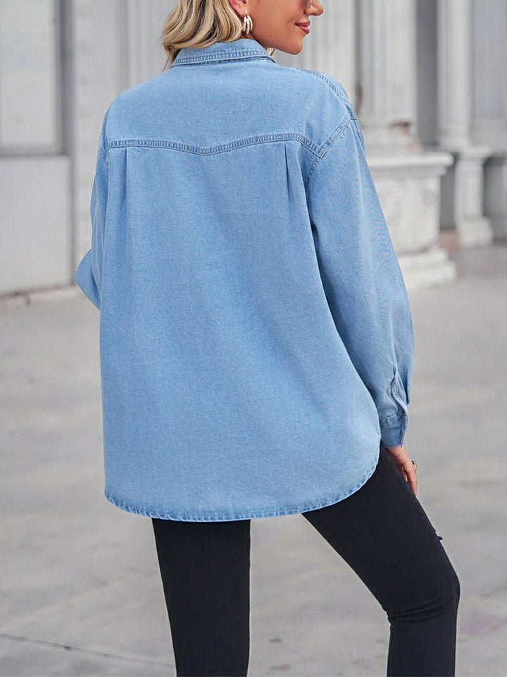 Denim top met kraag en verlaagde schouder, blauw