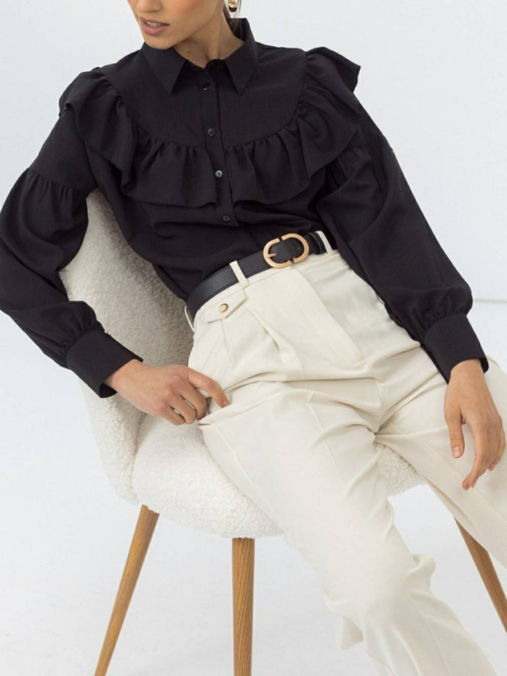 Flæsede dameskjorte Solid Slim Office Lady Frill Shirt