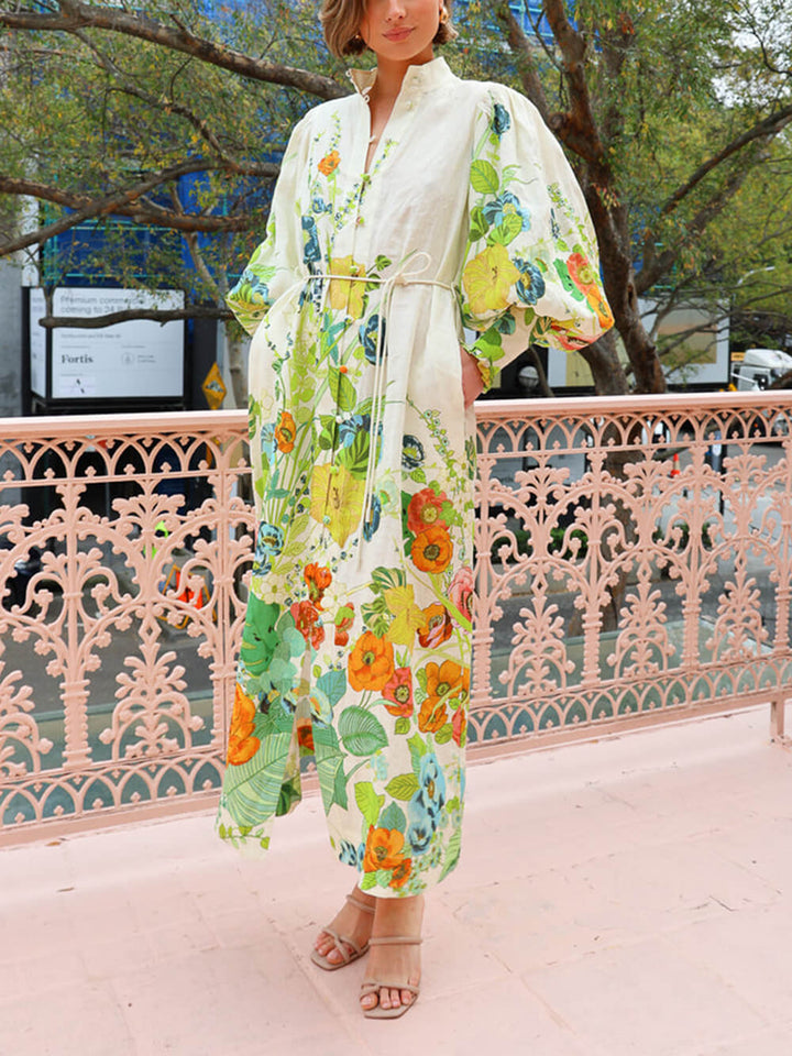 Vestido camisero estilo cárdigan color crema con manga farol y estampado único