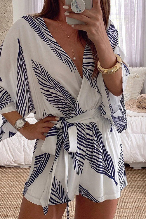 Kimono V Neck Leaf Print Wrapped Batwing Romper I Vit