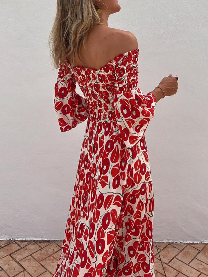 Vestido maxi com estampa floral e ombro de fora com bolso