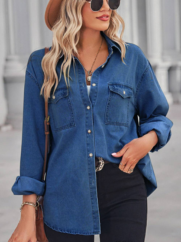 Top in denim con spalle scese e collo con colletto - Blu scuro