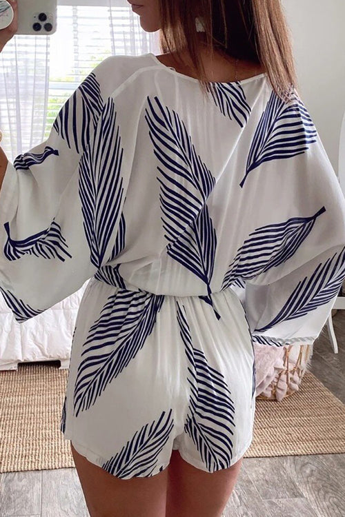 Kimono V Neck Leaf הדפס עטוף עטלף רומפר בלבן