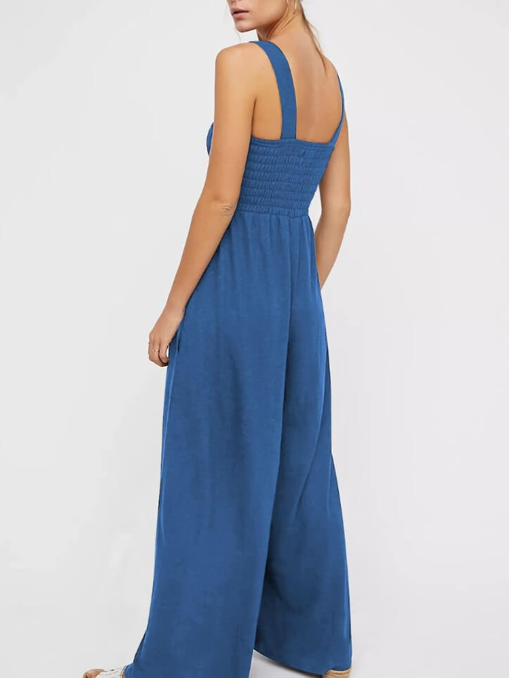 Smoked Pocketed Jumpsuit Am Dusty Blue