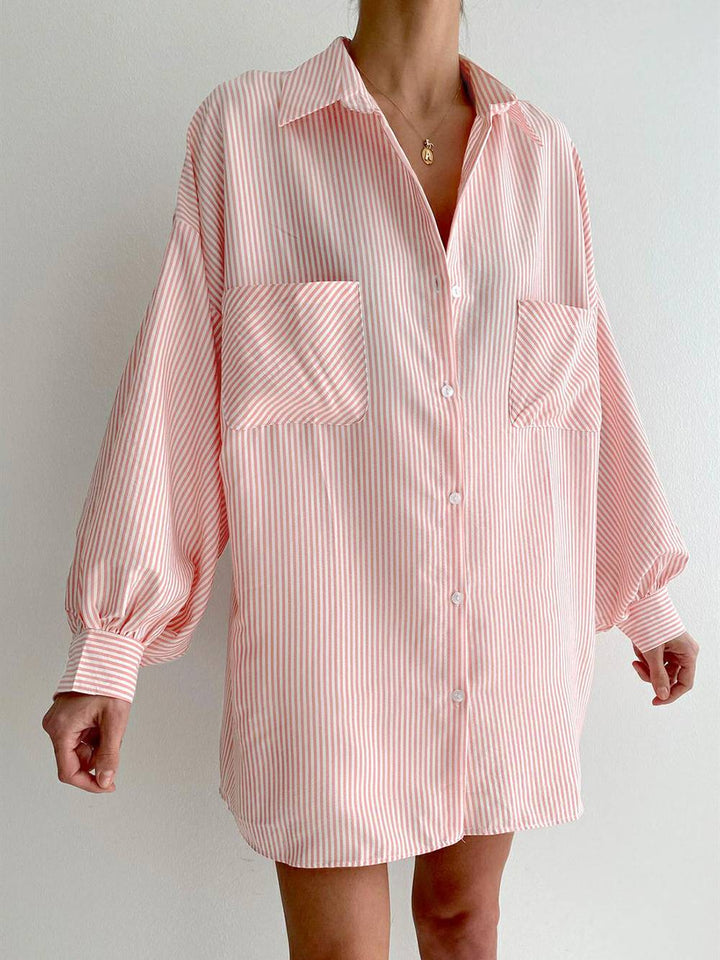 Laang Puffy Sleeve Turndown Collar Pocket Striped Blouse