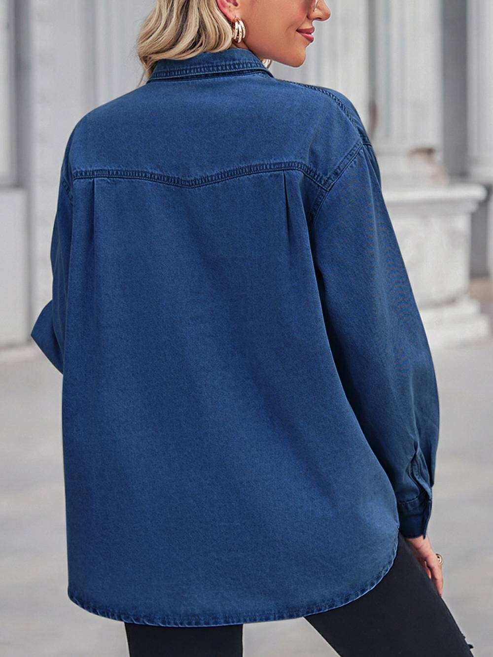 Collared Neck dropgesat Schëller Denim Top- Donkelblo