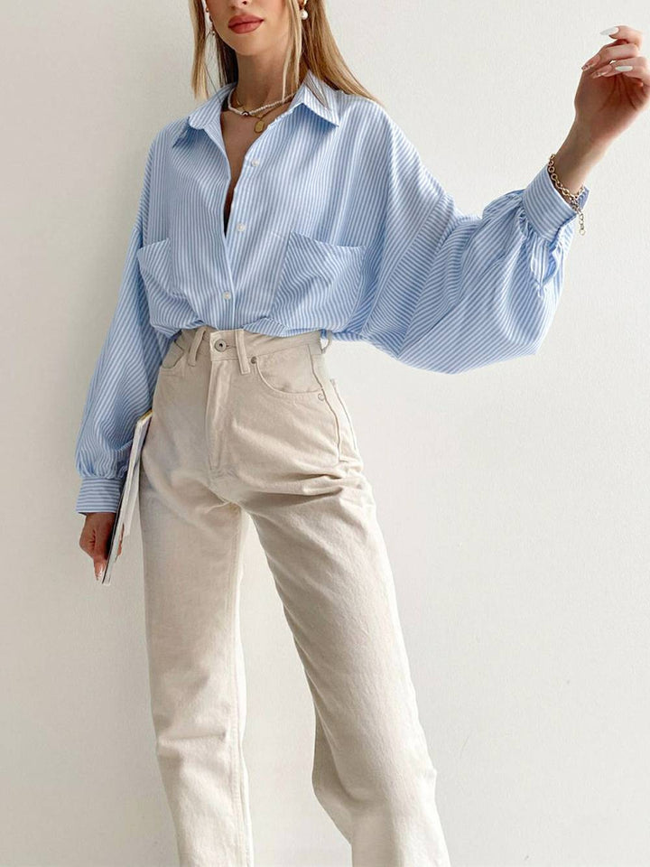 Laang Puffy Sleeve Turndown Collar Pocket Striped Blouse