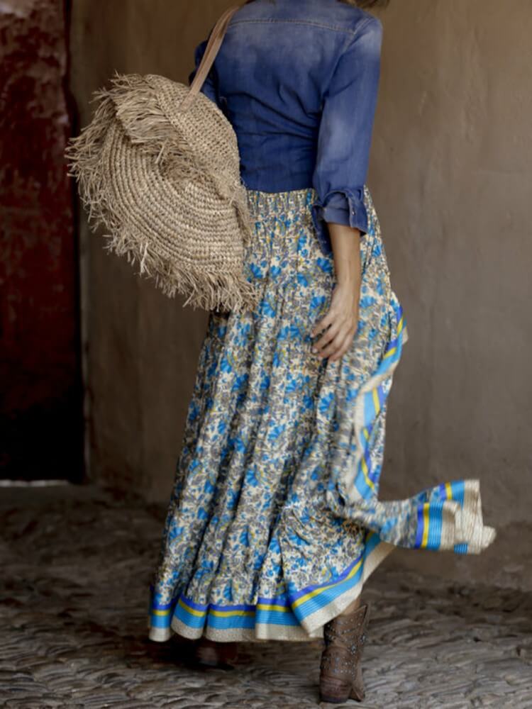 Hipisowska cygańska spódnica maxi z wysokim stanem i kwiatowym wzorem w kolorze niebieskim