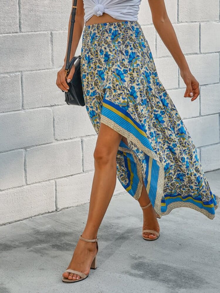 Saia maxi floral hippie cigana alta-baixa em azul